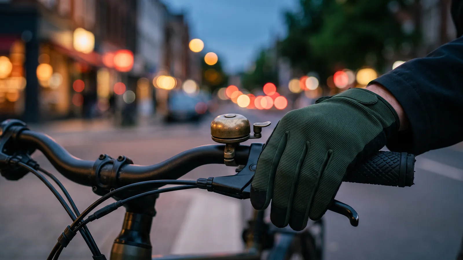 Round e-bike headlight glowing at dusk