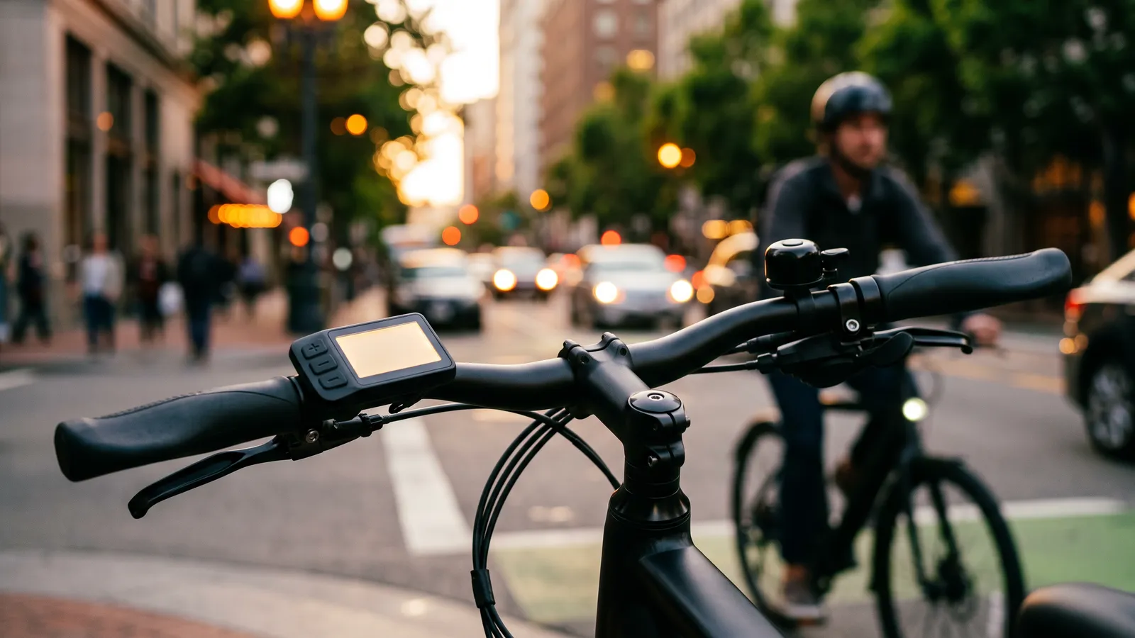 E-bike handlebar with a small display, city street behind