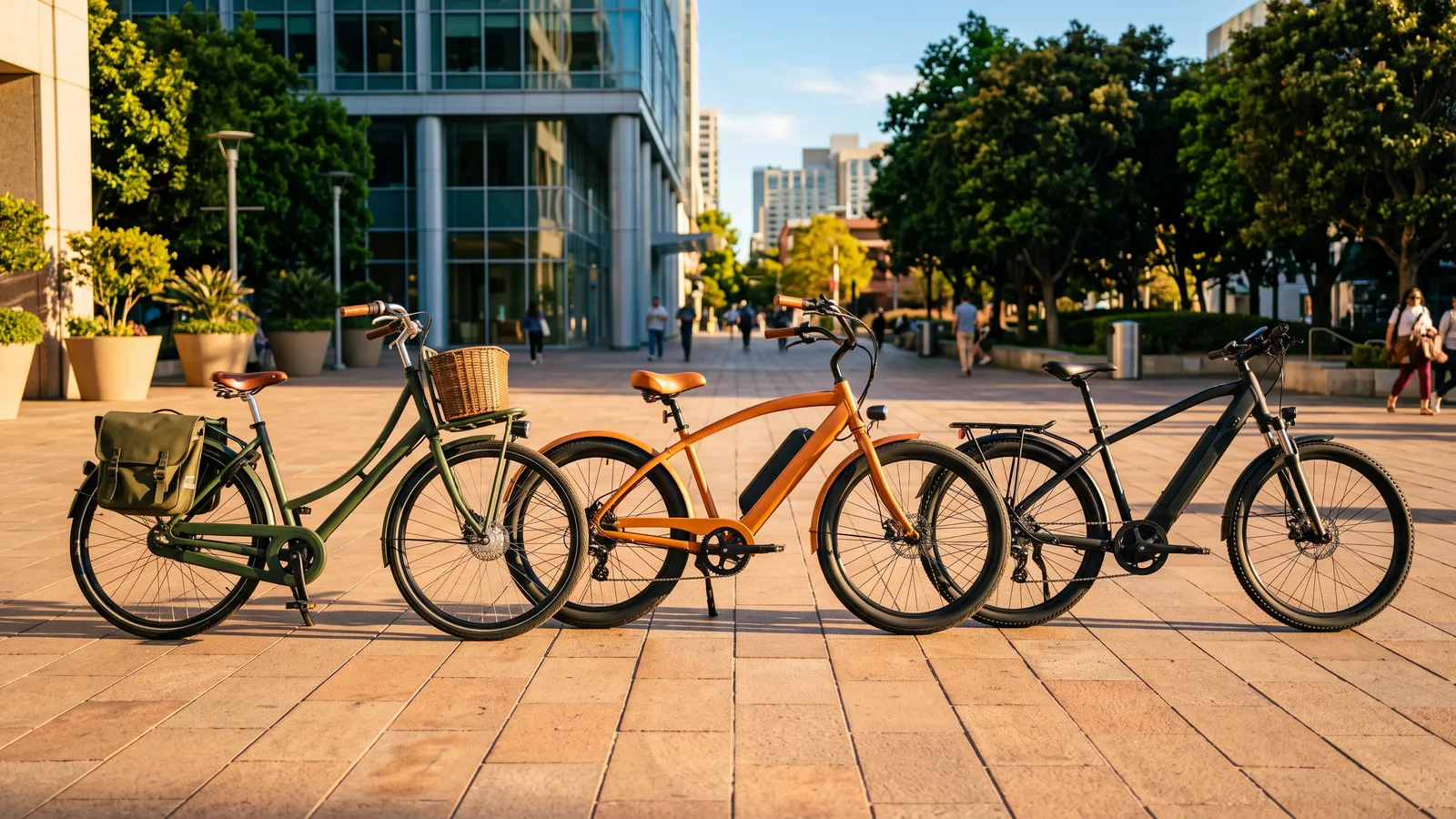 A city e-bike, a cruiser and a sporty commuter lined up on a plaza