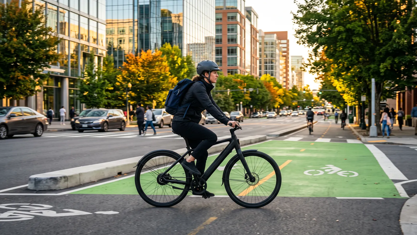 Commuter riding an e-bike along a green protected bike lane in the city
