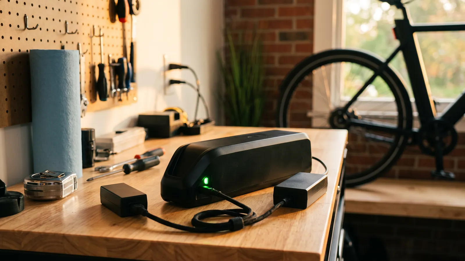 E-bike battery on a garage workbench connected to its charger